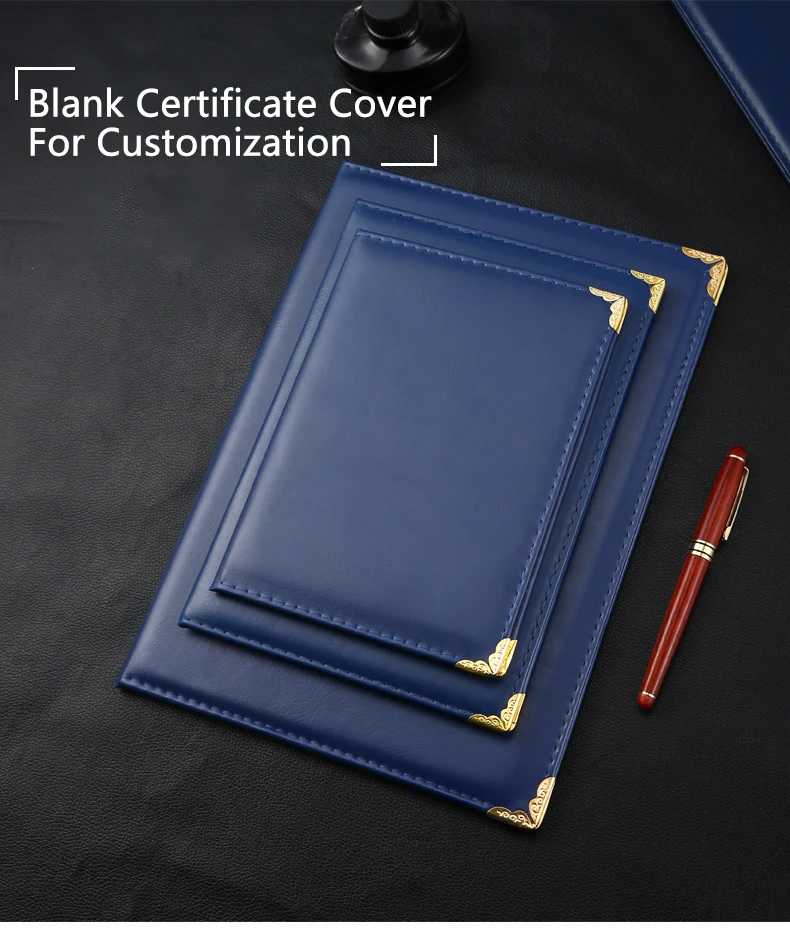 Custom Logo Printing Diploma Folder Blue Leather Padded Graduation Certificate Holder Cover A4