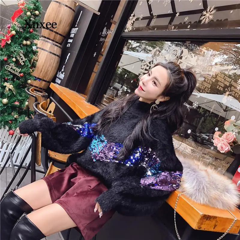 Autumn Winter Women Sequin Sweaters Mohair Knitted Ladies O-Neck Casual Long Sleeved Knitwear Female Jumper