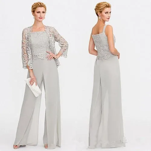 

2019 Newest Gray Mother of The Bride Dresses Two Pieces Lace Jackets Mothers Dresses For Weddings Events Pants Suit Evening Gown