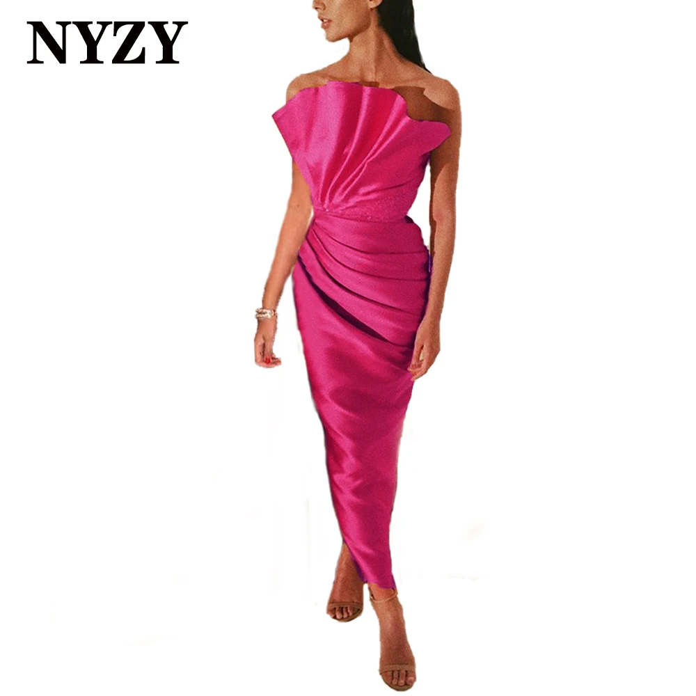 

NYZY E401 Chic Satin Ankle Length Mermaid Fuchsia Prom Dresses 2022 Formal Dress for Party Cocktail Graduation Homecoming