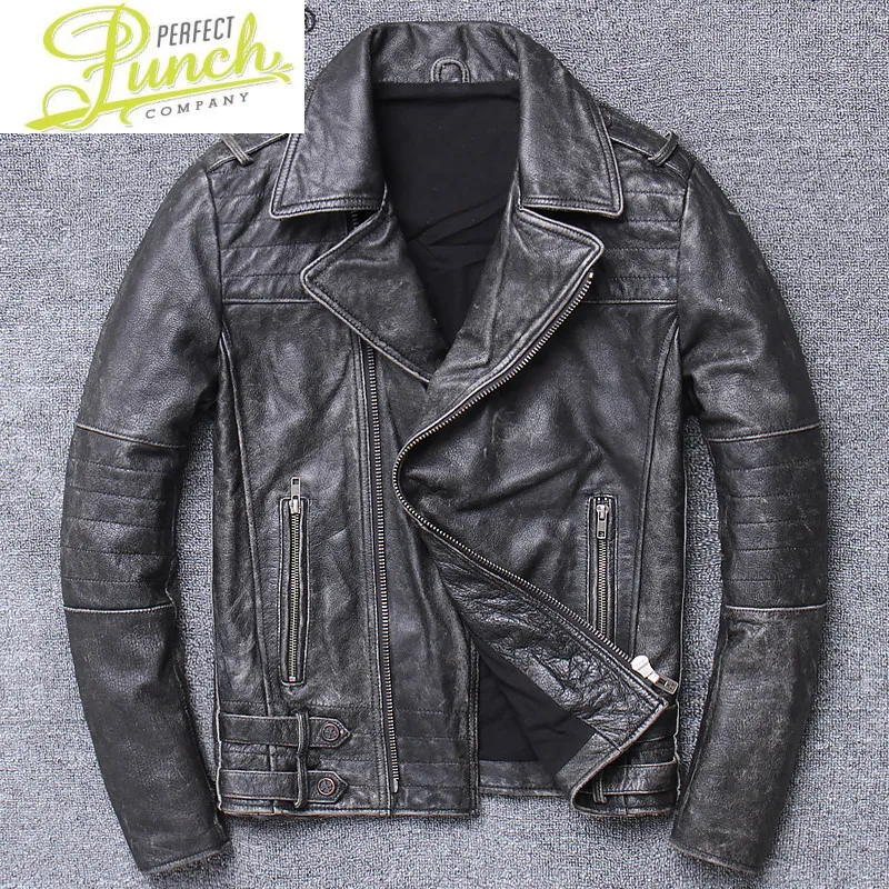 Leather Men's Jacket 100% Real Cow Leather Genuine Leather Jacket Men Slim Long Sleeve Jacket Style of Vintage X-16919