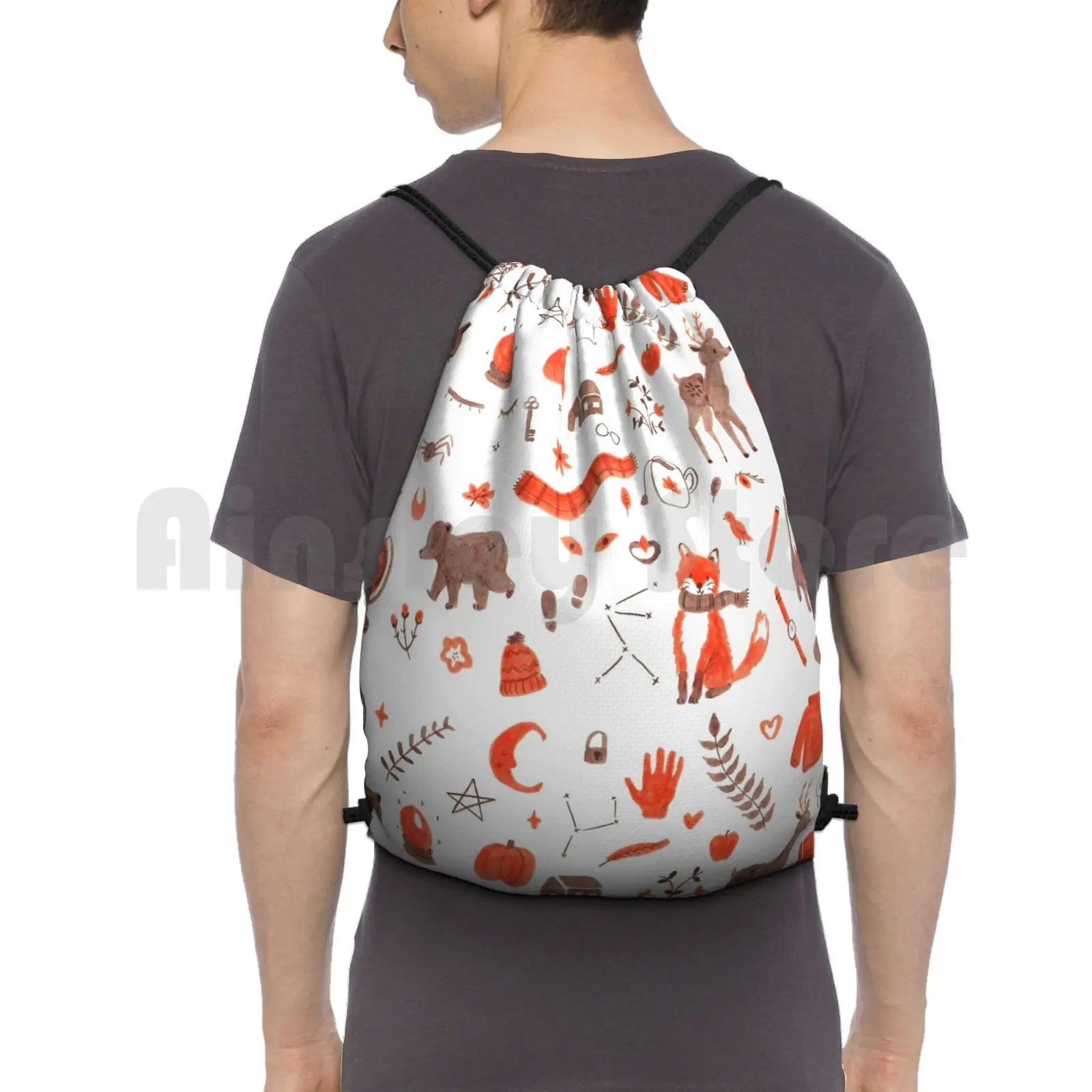 

Autumn / Fall Pattern Backpack Drawstring Bags Gym Bag Waterproof Autumn Fall Halloween Forest Illustrated Pattern Fox
