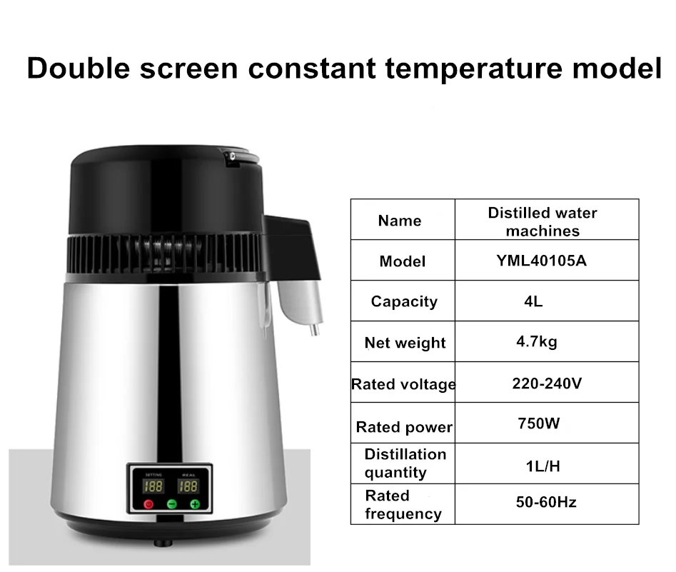 750W 4L Waterdestilleerder Huishoudelijke Gedistilleerd Zuiver Water Machine Destillatie Purifier Filter Rvs Waterfilter