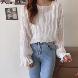 Blouse Women Spring Long Sleeve Folds Comfort Solid Casual All-match Elegant Fashion Elasticity Baggy Streetwear Korean Style