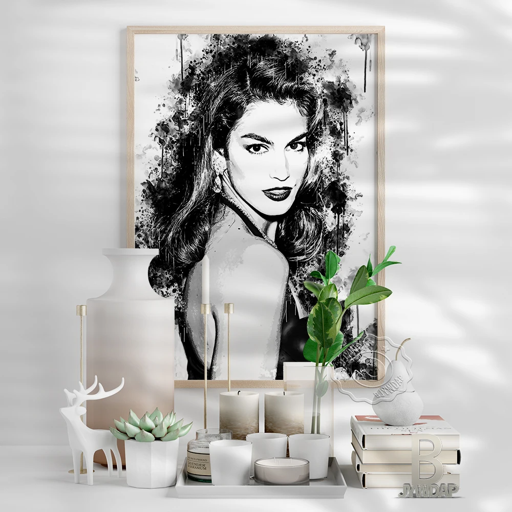 Cindy Crawford American Supermodel Poster, Black White Elegant Wonman Art Print, Nordic Minimalism Watercolour Figure Wall Decor
