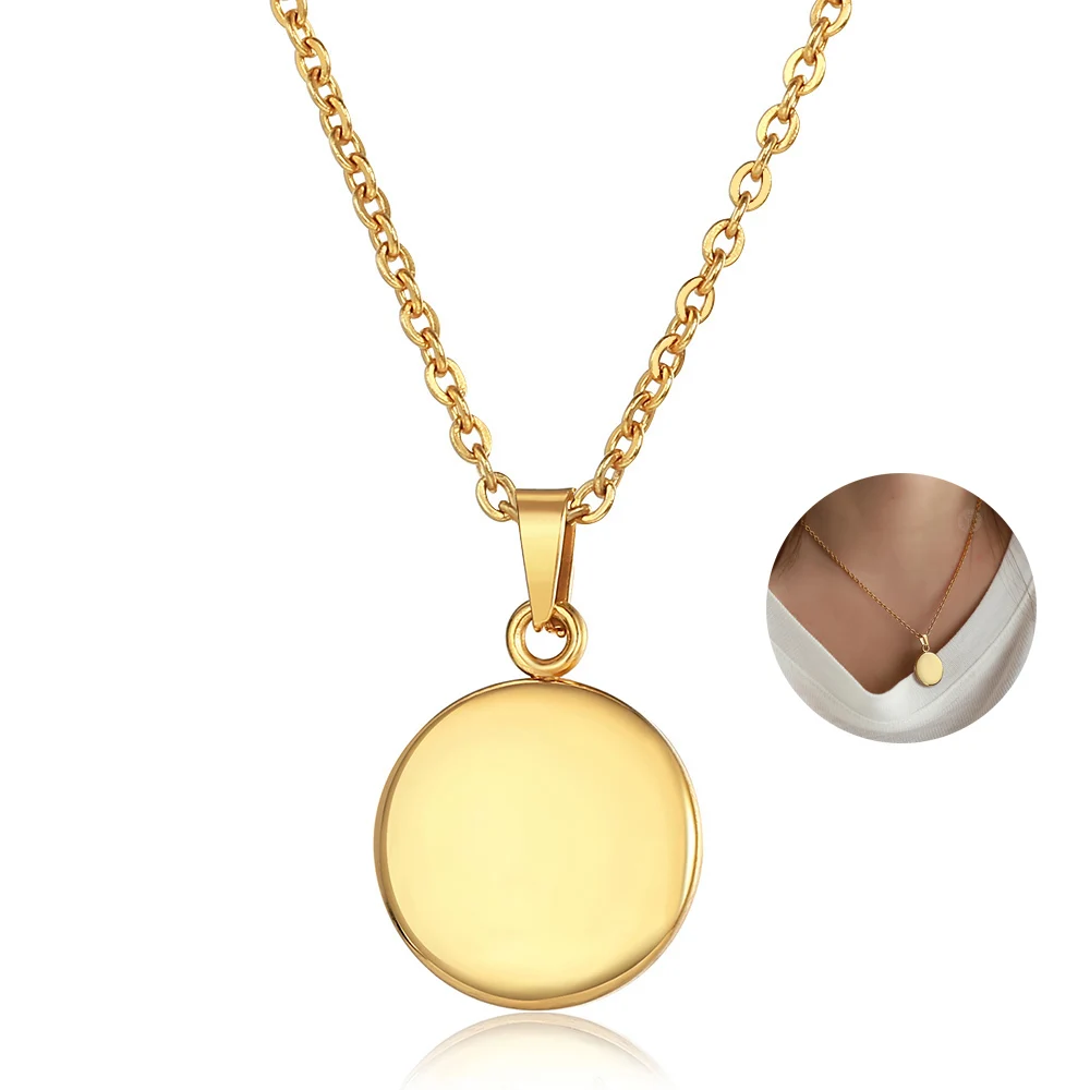 

Name Engraving Necklace For Women Men Gold Color Tiny Dainty Medallion Disc Pendant Stainless Steel Coin Charm Jewelry LKP664