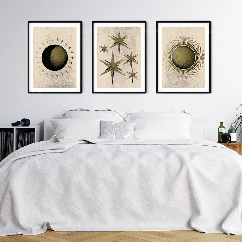 Sun Moon Stars Printable Art, Celestial Gallery Art, Abstract Modern Wall Art, Abstract Boho Shapes, Beige Gold Wall Art