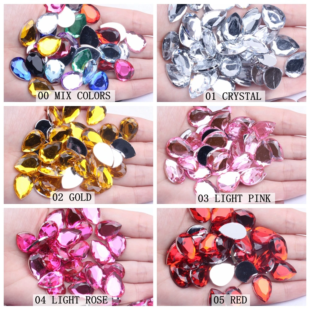 Flat Facets Acrylic Rhinestone 10x14 13x18 18x25mm Tear Shape Many Colors Choose Nail Art Decorations Glue On Garments Crafts