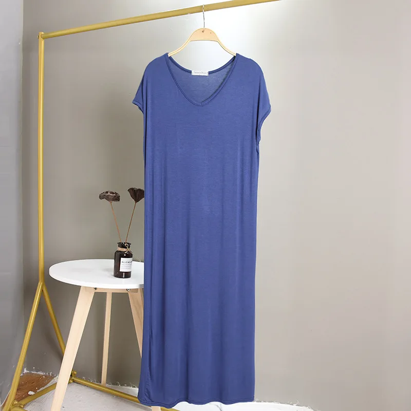 Large Size Modal Base Night Dress Women Sexy V Neck Sleepwear Comfortable Nightgowns Loose Long Nightshirt Vestidos Mujer