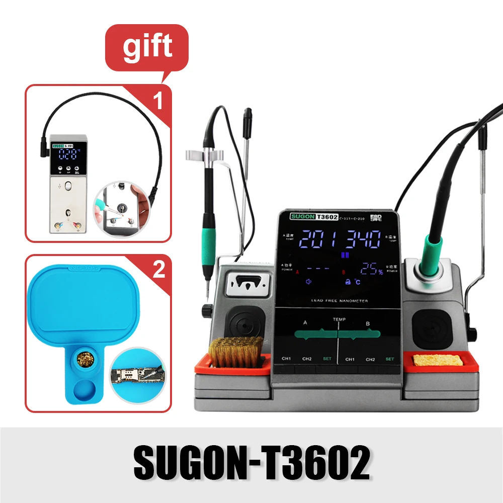 SUGON-Station de soudage T3602, 115, 210 pointes, double station de expédide soudage pour téléphone portable, PCB, SMD, IC, réparation, outil de