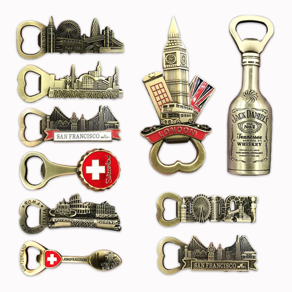 Metal Fridge sticker Magnets Beer Bottle Opener Kitchen Tool 3D City Souvenir London San Francisco Switzerland Roma Home Decor