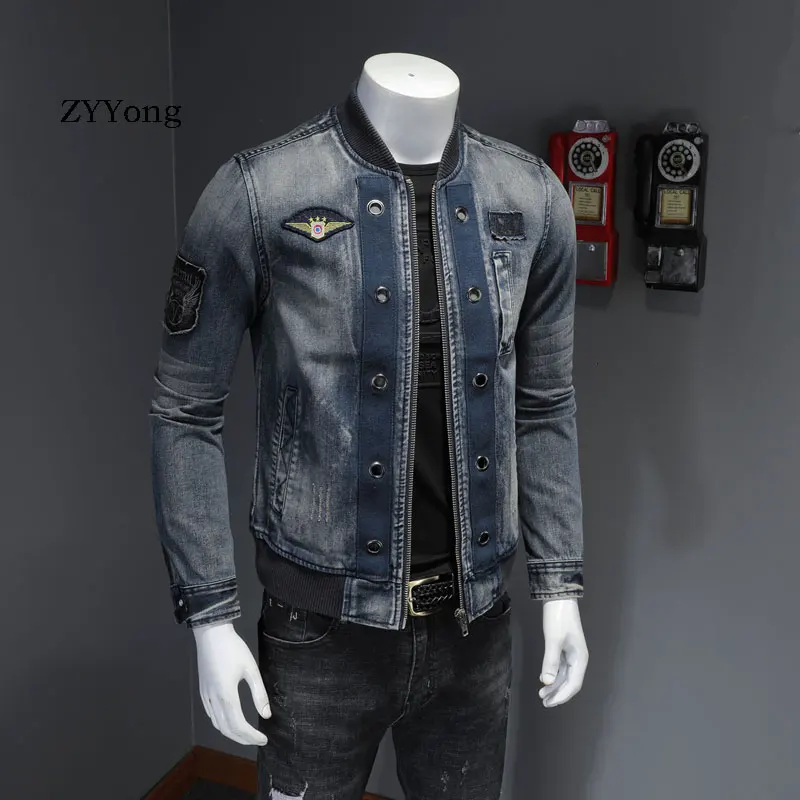 Europäischen Stil Stehkragen Patch Bomber Pilot Blau Denim Jacke Männer Jeans Mäntel Motorrad Casual Outwear Kleidung Mantel