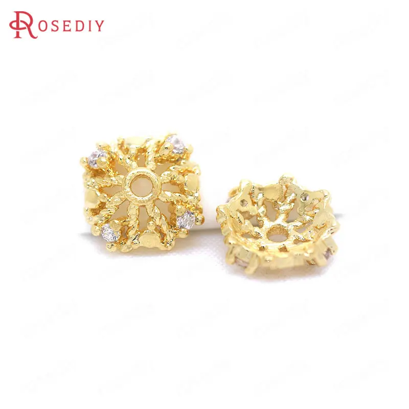 (F274)6 pieces 7mm High Quality Gold Color Plated Brass with Zircon Beads Caps Diy Jewelry Findings Accessories wholesale