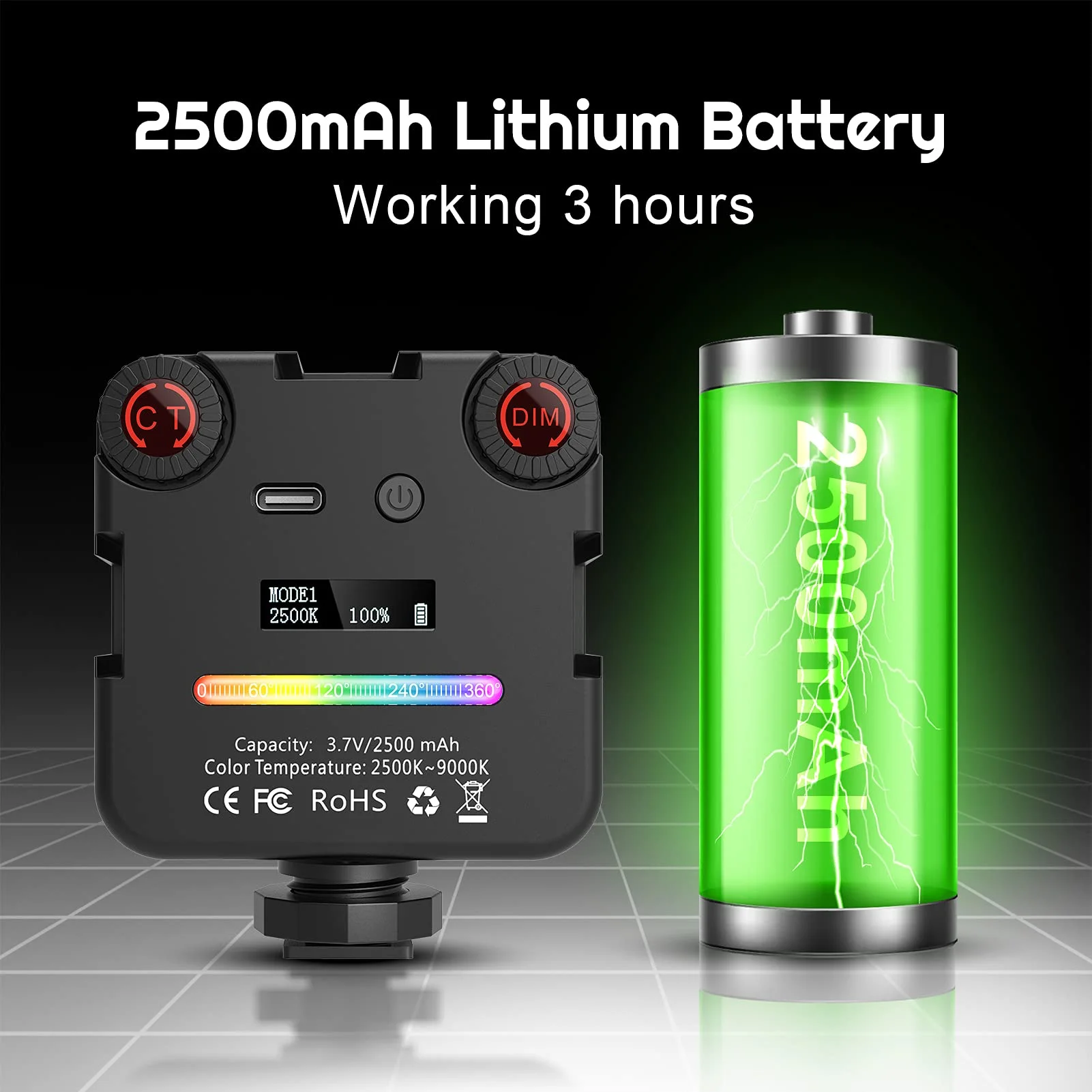 64RGB كاميرا ليد صغيرة ضوء 2500mAh قابلة للشحن LED مصباح لوحة صور فيديو الإضاءة أضواء الفيديو Vlog ملء ضوء لايف