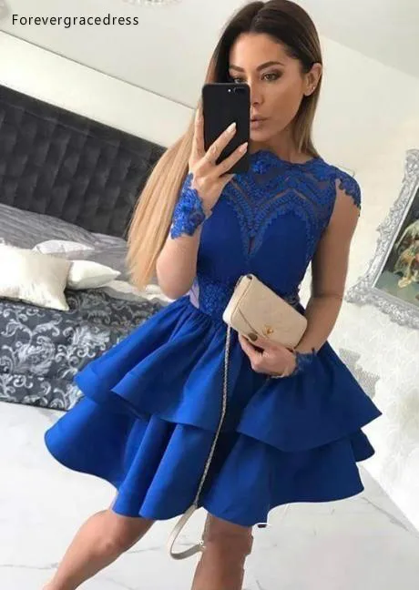 2019 Cheap Royal Blue Cocktail Dress Long Sleeves Lace Appliqued Short Mini Semi Club Wear Homecoming Party Gown Plus Size