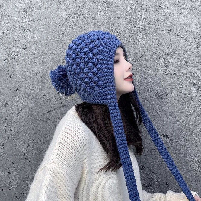 Autumn Winter Ear Protection Hat Women\'s Warm Knitting Tassel Baotou Girl Outdoor Leisure Solid Color Retro Student Blue