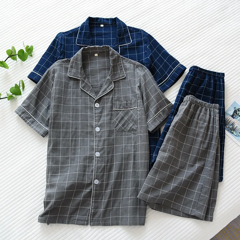 

Summer New Men's Pajamas Two-Piece Plaid Cotton Gauze Short-Sleeved Shorts Simple Loose Casual Breathable Home Service Suit