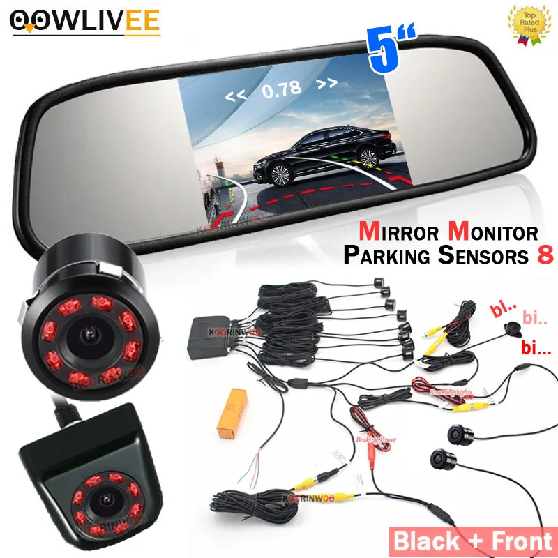 

OOWLIVEE Parktronic HD 5" Mirror Monitor Car Parking Sensors 8 Parking System Video Camera Rear Dynamic Trajectory Front Camera