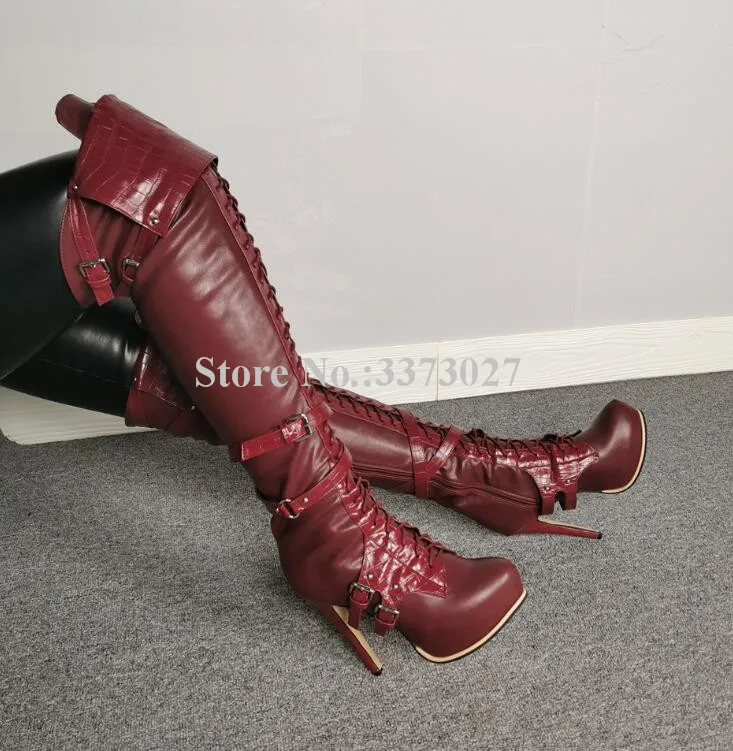 New Brown Leather Patchwork Lace-up Long Boots Fashion Stiletto Heel Buckle Strap Over the Knee Boots Lady Large Size Boots