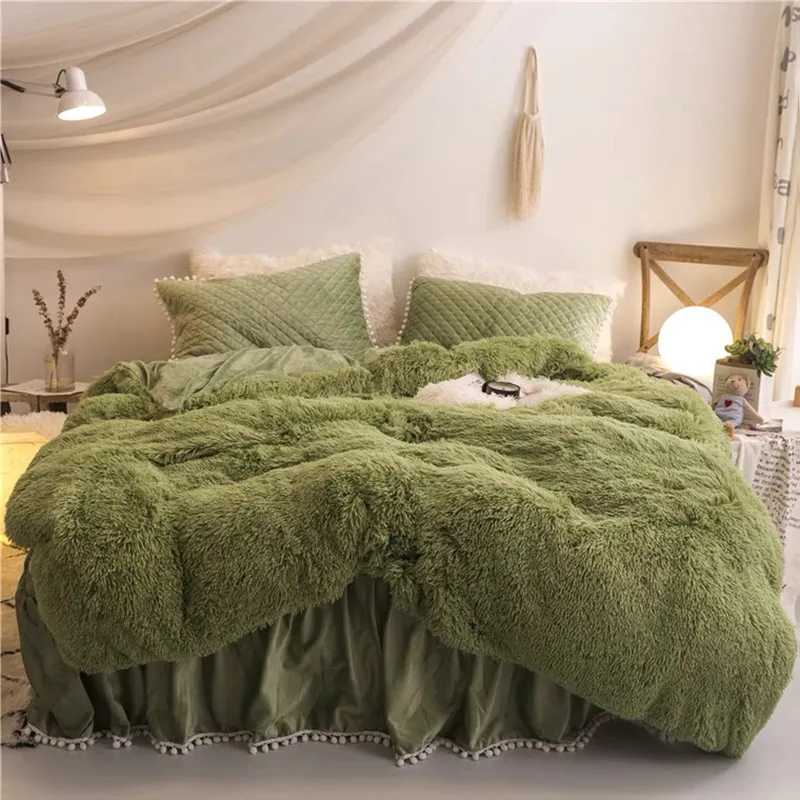 Winter Green Mink Four Piece Bedding Set Coral Velvet Plus Plush Double-sided Plush Quilt Cover Bed Skirt Crystal Velvet Princes