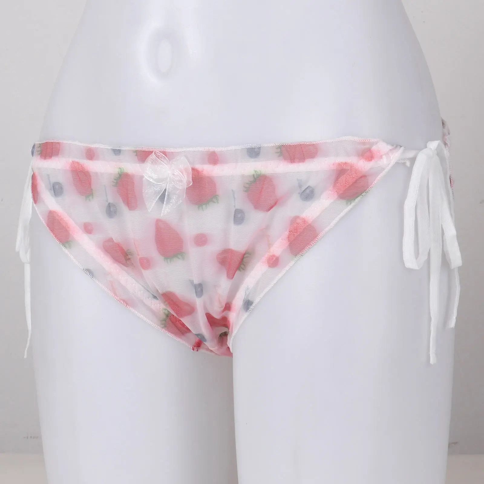 Bragas de malla transparente con estampado de dibujos animados para mujer, bragas de natación con tiras de cintura baja, cierre lateral, Kawaii, Verano