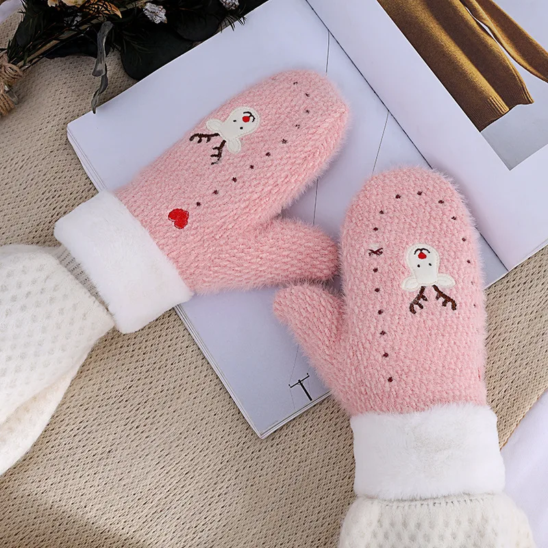 Women Winter Plus Thick Velvet Cashmere Plush Wool Knit Warm Mittens Female Cute Embroidery Cartoons Elk Full Fingers Gloves I32