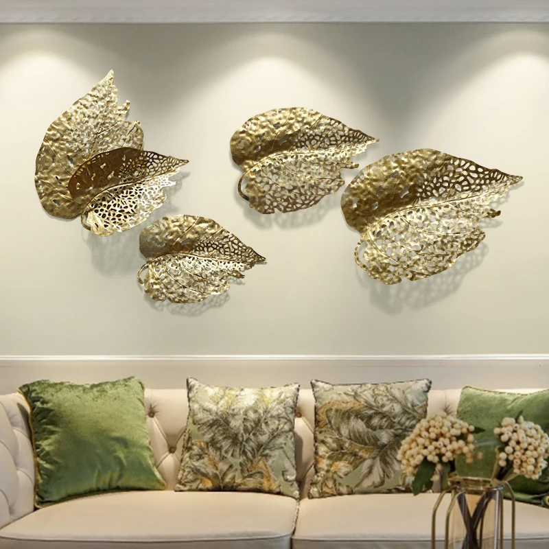 Luxury Wrought Iron Wall Hanging Golden Leaf Ornament Home Room Background Accessories Wall Sticker Decoration Wall Mural Crafts