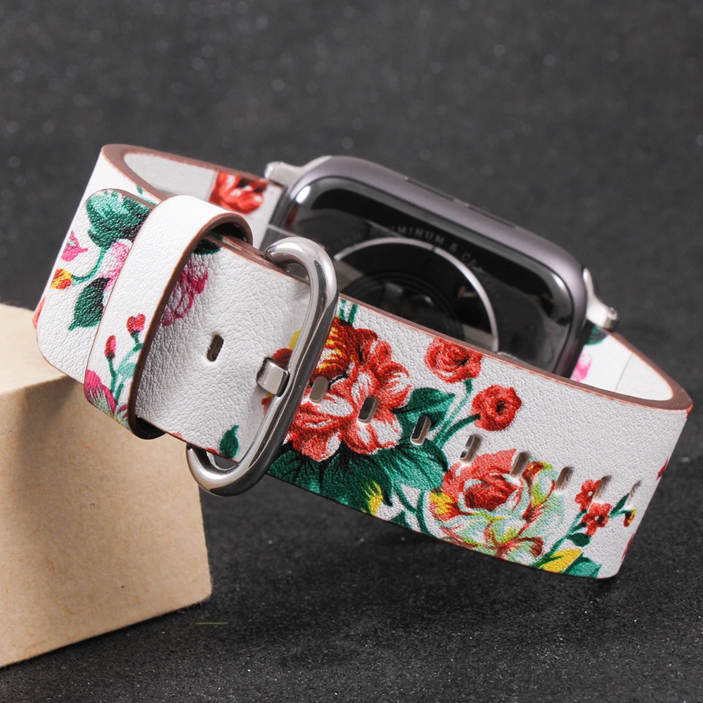 Leather strap for apple watch 8 7 6 5 4 SE serie 38 40 41mm Beautiful flower pattern watchband iwatch 3 2  42 44 45 49mm fashion