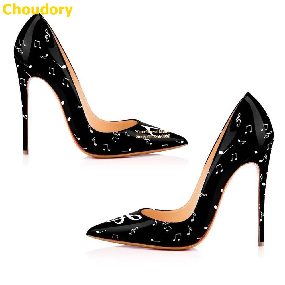 Choudory White Black Music Notes Printed High Heel Shoes 12cm Stiletto Heels Pointed Toe Patchwork Slip-on Wedding Pumps Size45