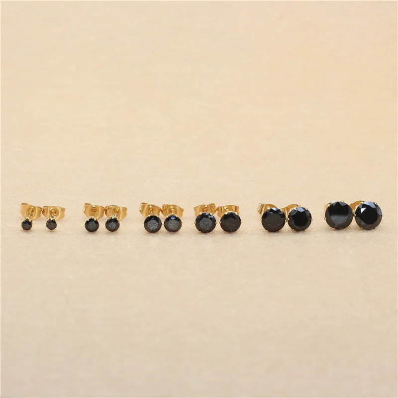 Edelstahl mit AAA-runden, schwarzen Zirkonia-Steinen, Ohrringe für Damen und Herren, vergoldet, hypoallergen, hochwertiger Schmuck. – Detail 3
