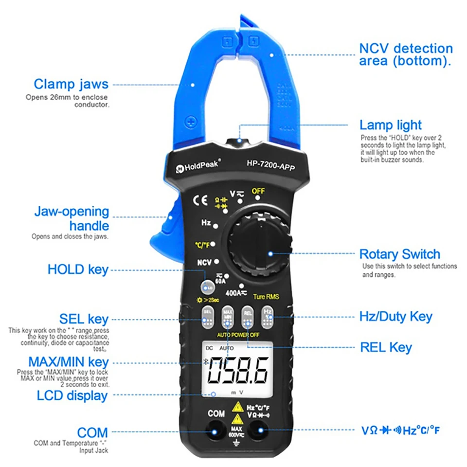 Wireless Bluetooth Clamp Meter HP-7200APP 6000 Count Auto Range Bluetooth Clamp MultimeterDC/AC True RMS Continuity Buzzer Meter