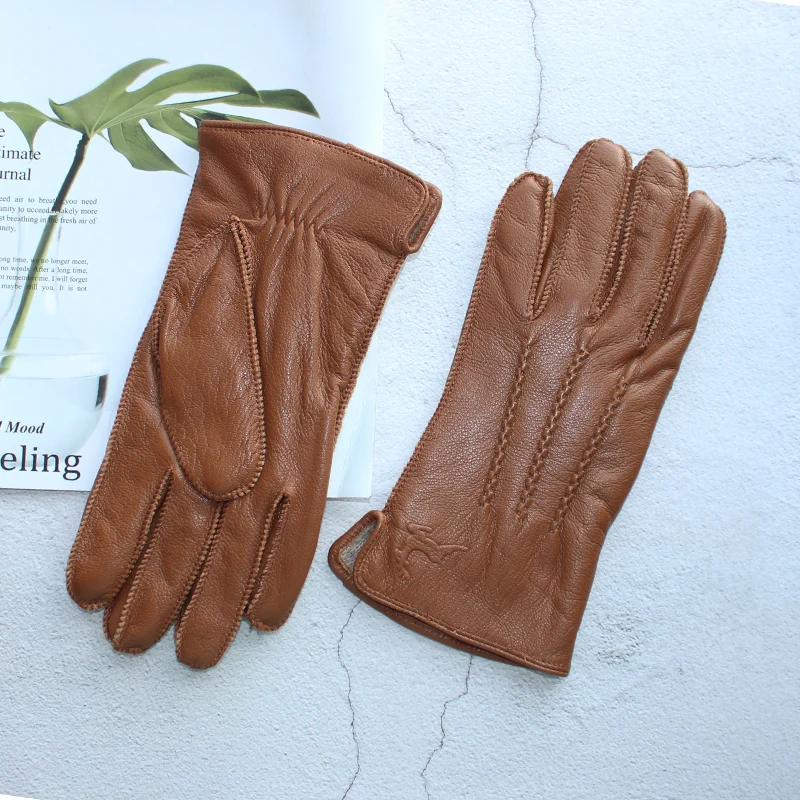 Männer hirschleder handschuhe leder gestreiften wolle stricken futter frühling und herbst fashion-snap taste warme samt futter handschuhe winter