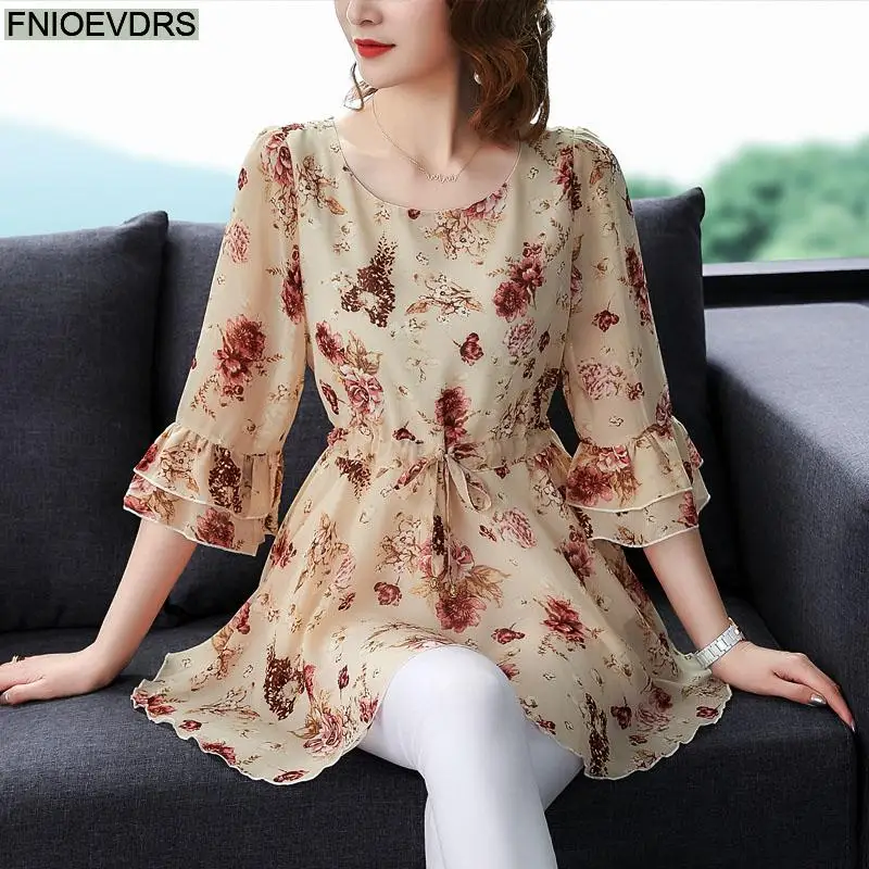Loose Lazy 5XL 4XL 3XL Clothes Elegant Blusas Women Summer Blouse Floral Print Office Lady Belly Vintage Retro Tunic Peplum Tops