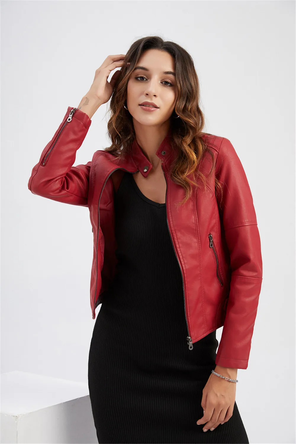 Women Leather Jacket Autumn Thin Ladies Motorcycle Jacket PU Leather Jacket Stand Collar Female Black Faux Leather Outwear