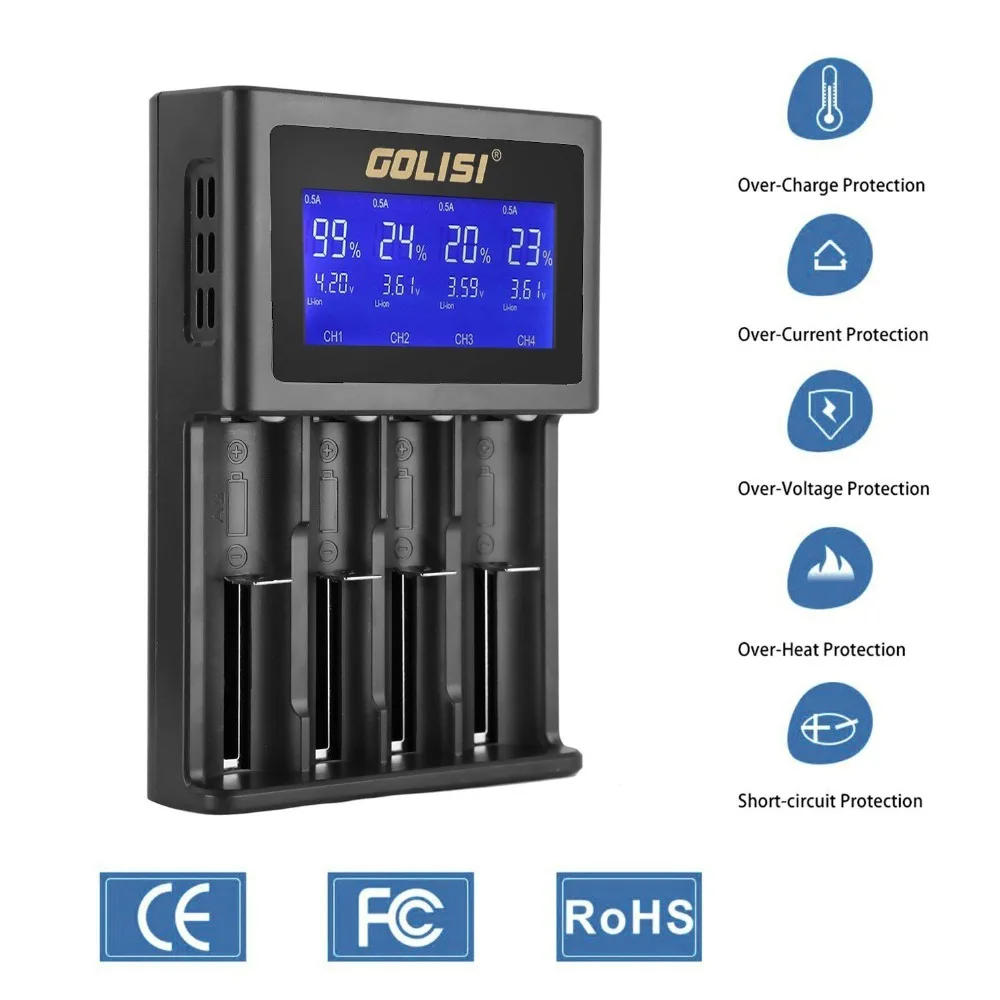 Golisi S4 2.0A Intelligent LCD Battery Charger for Li-ion Ni-MH Ni-Cd Ni-md 26650 18650 20700 21700 AA AAA Rechargeable Batterie