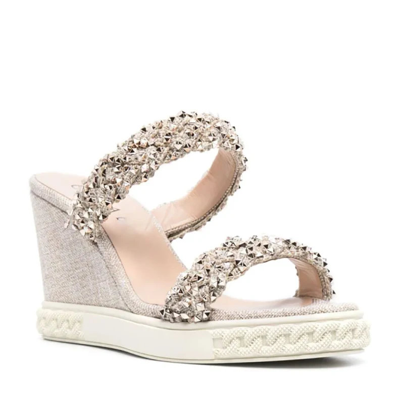 Bling Rivets Studs Hemp Cloth Wedge Heel Slipper Double Strap Peep Toe Gladiator Zapatos Summer Thick Sole Sandals Slide