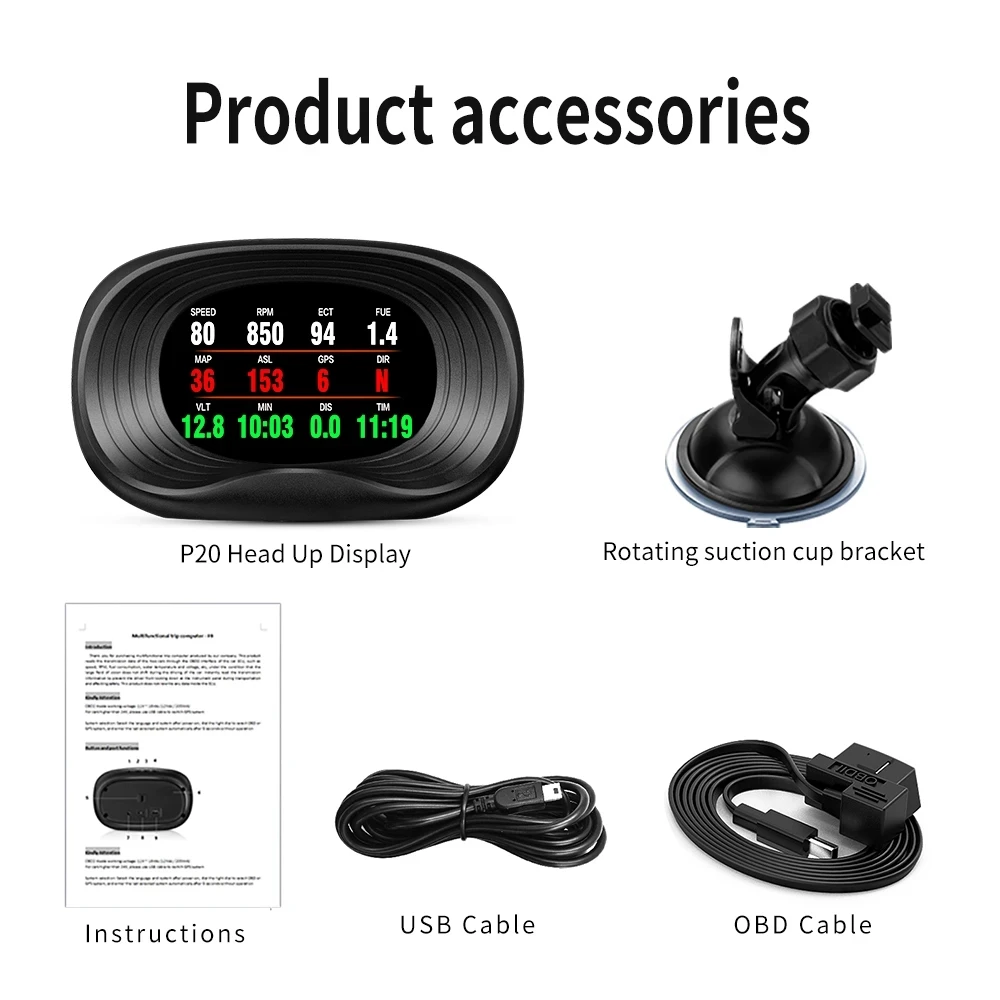 HUD Автомобильный GPS OBD2 Навигация Проекционный дисплей Расход топлива Напряжение Турбо Тормозной тест Цифровой OBD2 Gauage Бортовой компьютер P20