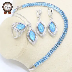 Blue Fire Opal Earrings Necklace Pendant Ring Silver 925 Wedding Jewelry Set for Women Light Blue Crystal Bracelet Gift