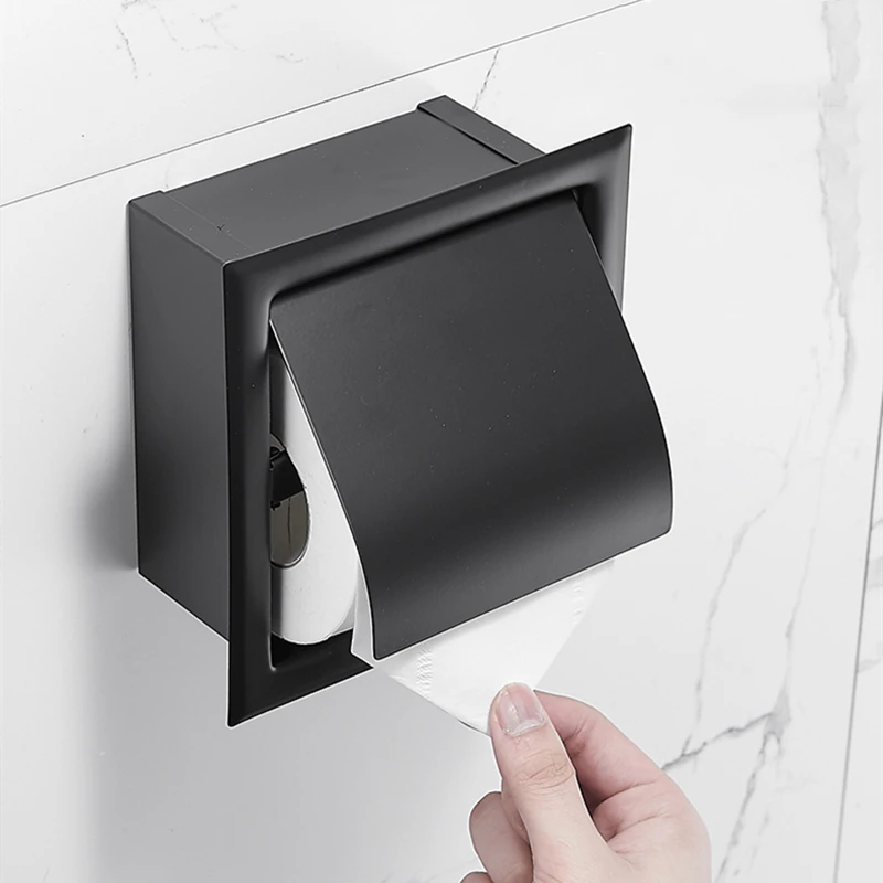 Hotel Concealed Tissue Holder Wall Tissue Box 304 Stainless Steel Embedded Toilet Paper Holder Black Double Roll Paper Holder