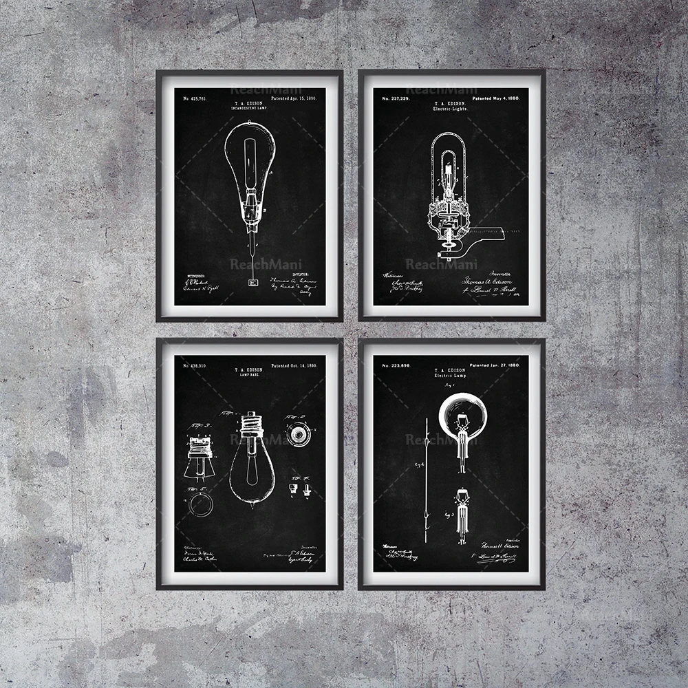 Patent Posters Set of 4,  Electric Lamp, Lamp Patent Poster,Electric Lamps, Wall Decor
