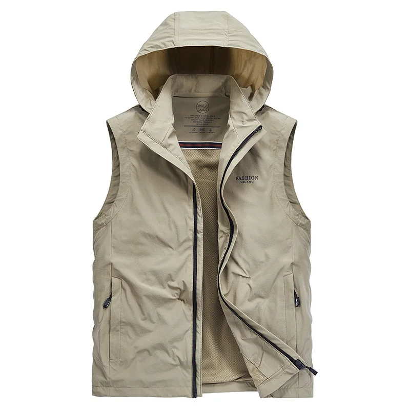 New Spring And Autumn Vest Men's Thin Work Clothes Travel Sports Casual Fashion Detachable Hat Vest