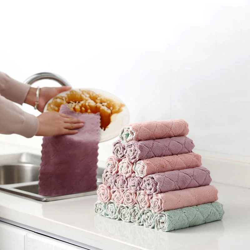 1/8PCS Kitchen Microfiber Non-stick Oil Towel Household Absorbent Dish Washing Cloth Double-layer Dishcloth Cleaning Wiping Rags