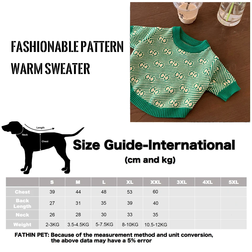 FATHIN Soft Dog Sweater French Bulldog Outfit Costume Luxury GG Stripe Sweater for Small Large Dogs Schnauzer Pet Clothes