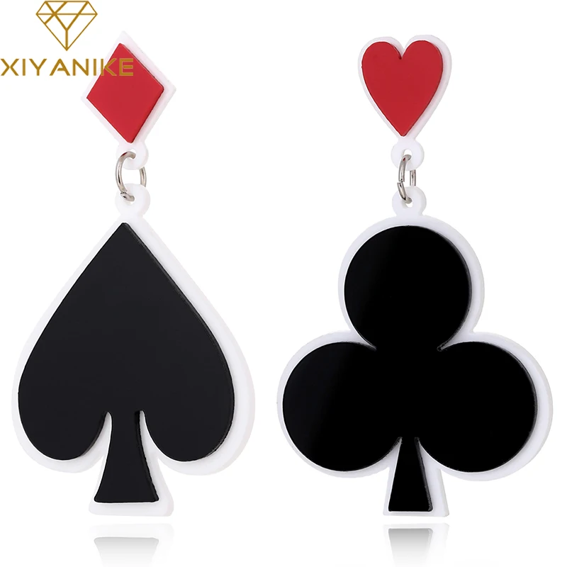 XIYANIKE Fashion Hip Hop Exaggerated Night Club Dancer Acrylic Playing Card Heart Asymmetric Stud Earrings Women Punk Jewelry