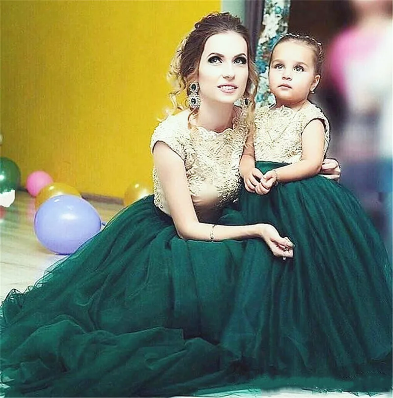 Dark Green Flower Girl Dress Mother And Daughter Dresses For Wedding Floor Length Sleeveless Prom Dresses платья знаменитостей