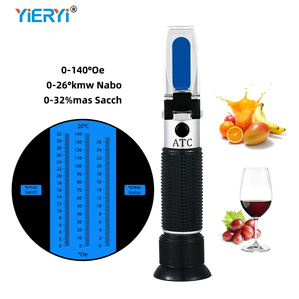 Grape Wine Sugar Refractometer 0-140Oe 0-26kmw Nabo 0-32%mas Concentration Meter Fruit Juice Liquid 3 in 1 Index Tester Tool