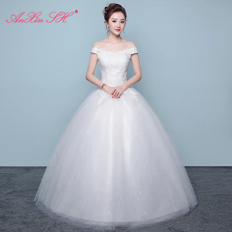 AnXin SH lace Princess white lace vintage boat neck turkey flower sparkly ruffles lace bride ball gown customized wedding dress