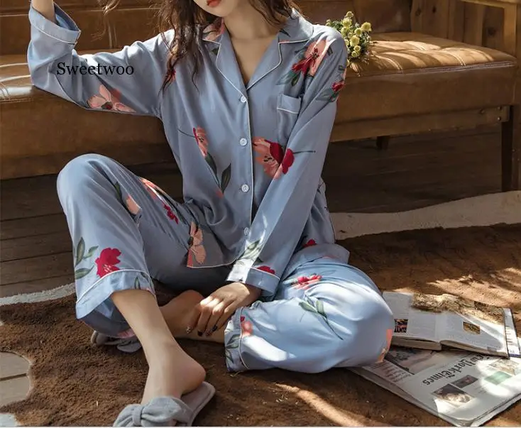 Cotton Pajamas Floral Long Sleeve Pajamas Women Print Sexy Top  Pajama Beauty Lounge Wear Home Clothes Sleep Set