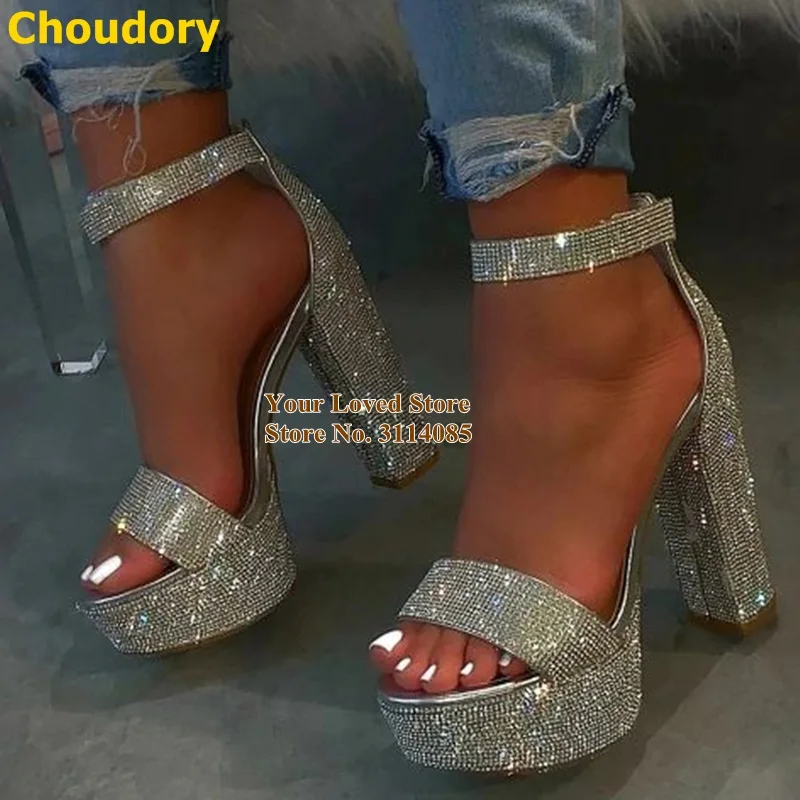 

Choudory Bling Bling Silver Crystal Gladiator Sandals Open Toe Chunky Heel Wedding Shoes Platform Sparkly Rhinestone Dress Pumps