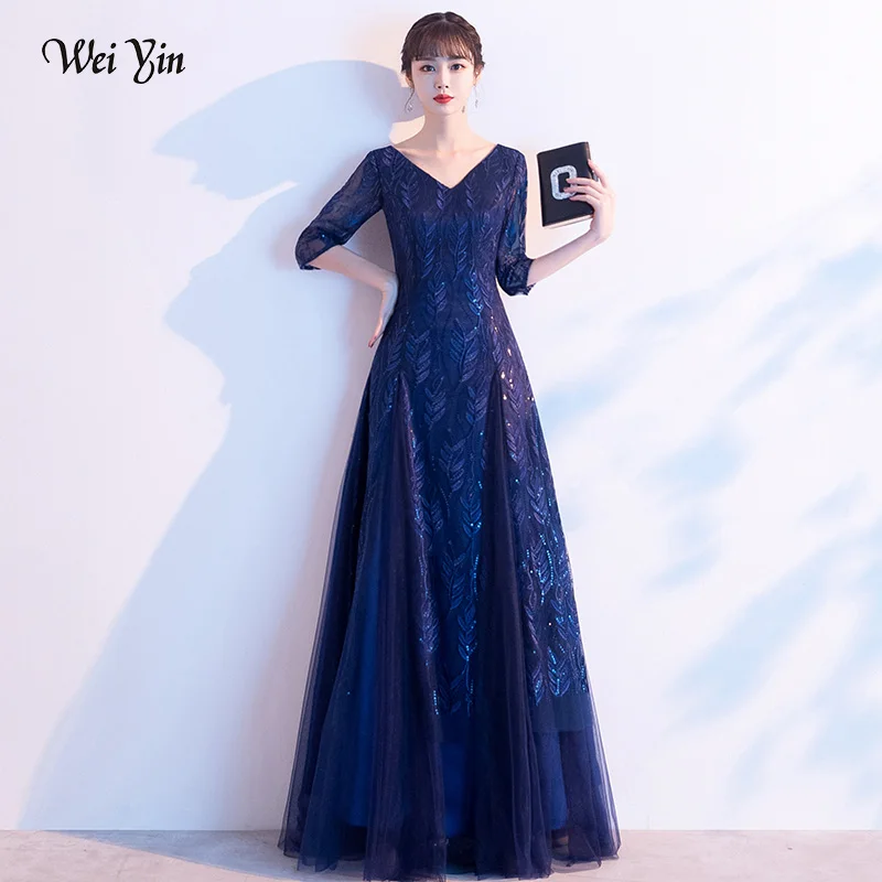 

wei yin AE0399 Robe De Soiree Banquet Elegant Evening Dress The Bride Navy Blue Lace Long Party Prom Dresses